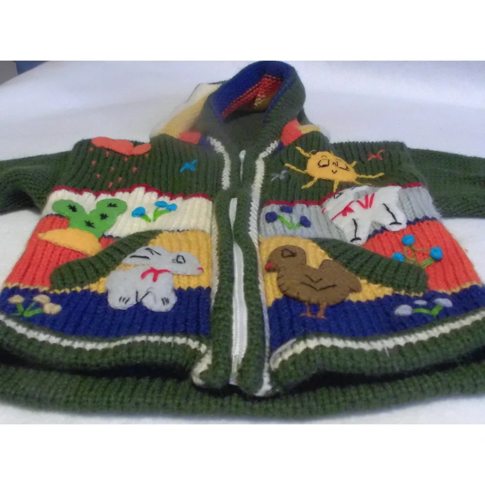 Vintage Hand Knit Animal Applique Hooded Zip Cardigan Sweater Kids GreenMulti 2T